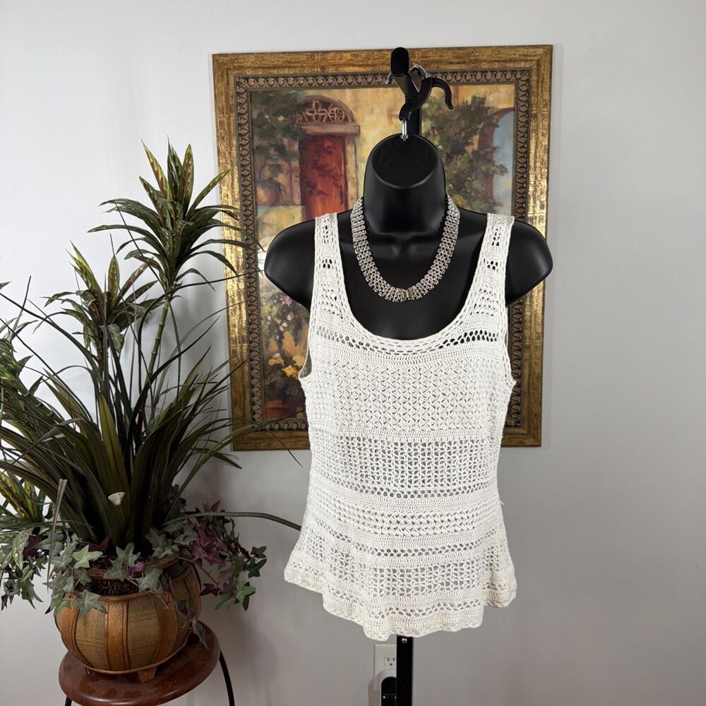 White Stag Crochet Knit Tank Top Womens Medium White Sleeveless Boho Sweater